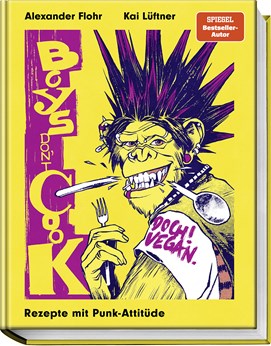 uchcover „Boys don't cook“ mit Comicfigur mit lila Irokesenfrisur, gelbem Hintergrund und Punk-Optik.