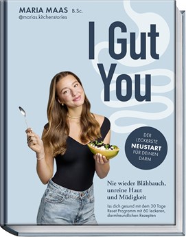 Buchcover mit Titel „I Gut You“, Maria Maas hält Papaya mit Früchten, hellgrüner Hintergrund mit Schrift.