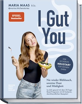Buchcover mit Titel „I Gut You“, Maria Maas hält Papaya mit Früchten, hellgrüner Hintergrund mit Schrift.