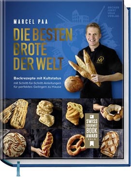 Buchcover „Die besten Brote der Welt“ mit Porträt von Marcel Paa und Fotos verschiedener Brote.