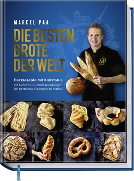 Buchcover „Die besten Brote der Welt“ mit Porträt von Marcel Paa und Fotos verschiedener Brote.